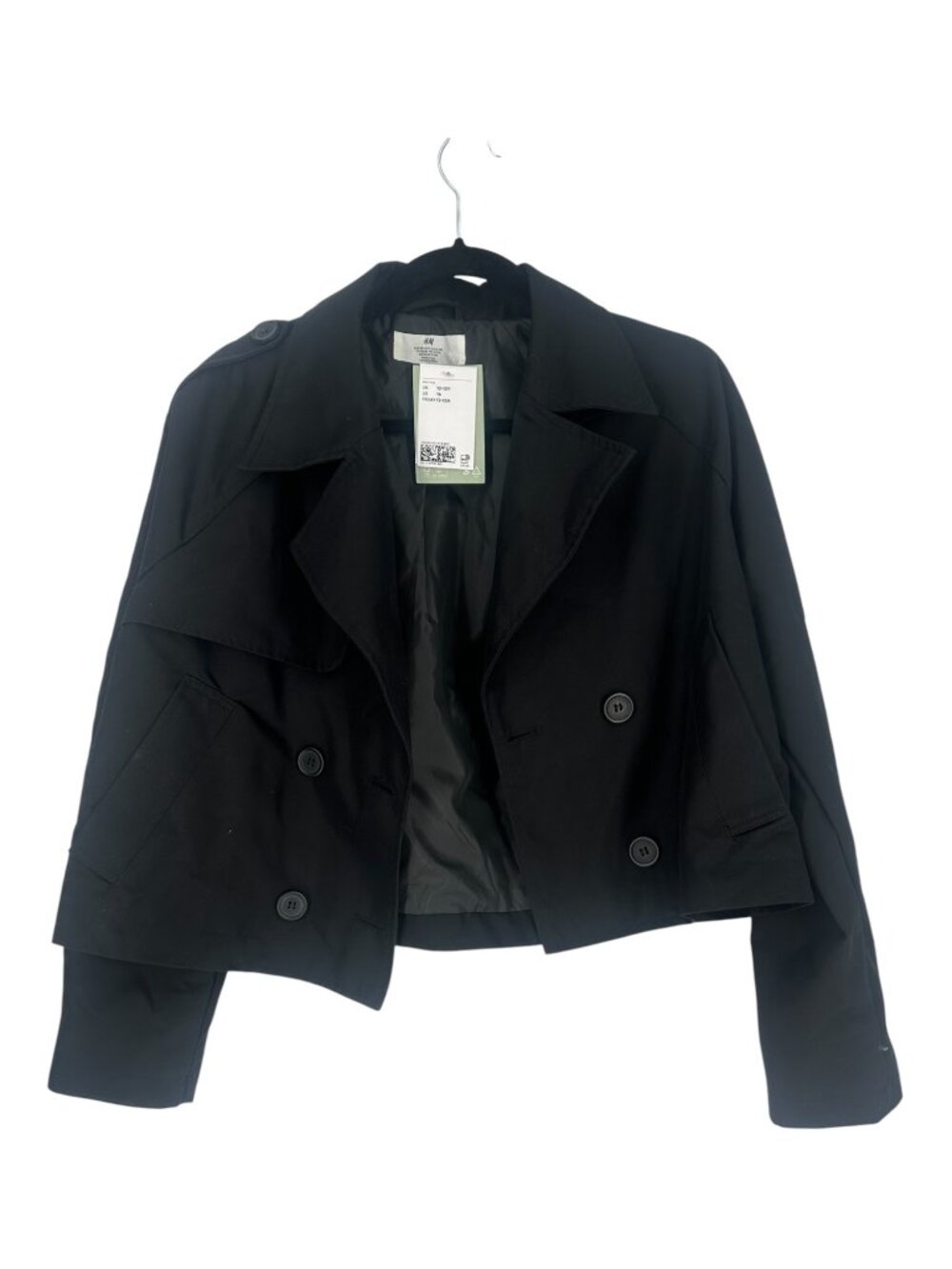 H&M Cropped Trench Jacket Youth 16 Black Double Breasted Classic Preppy